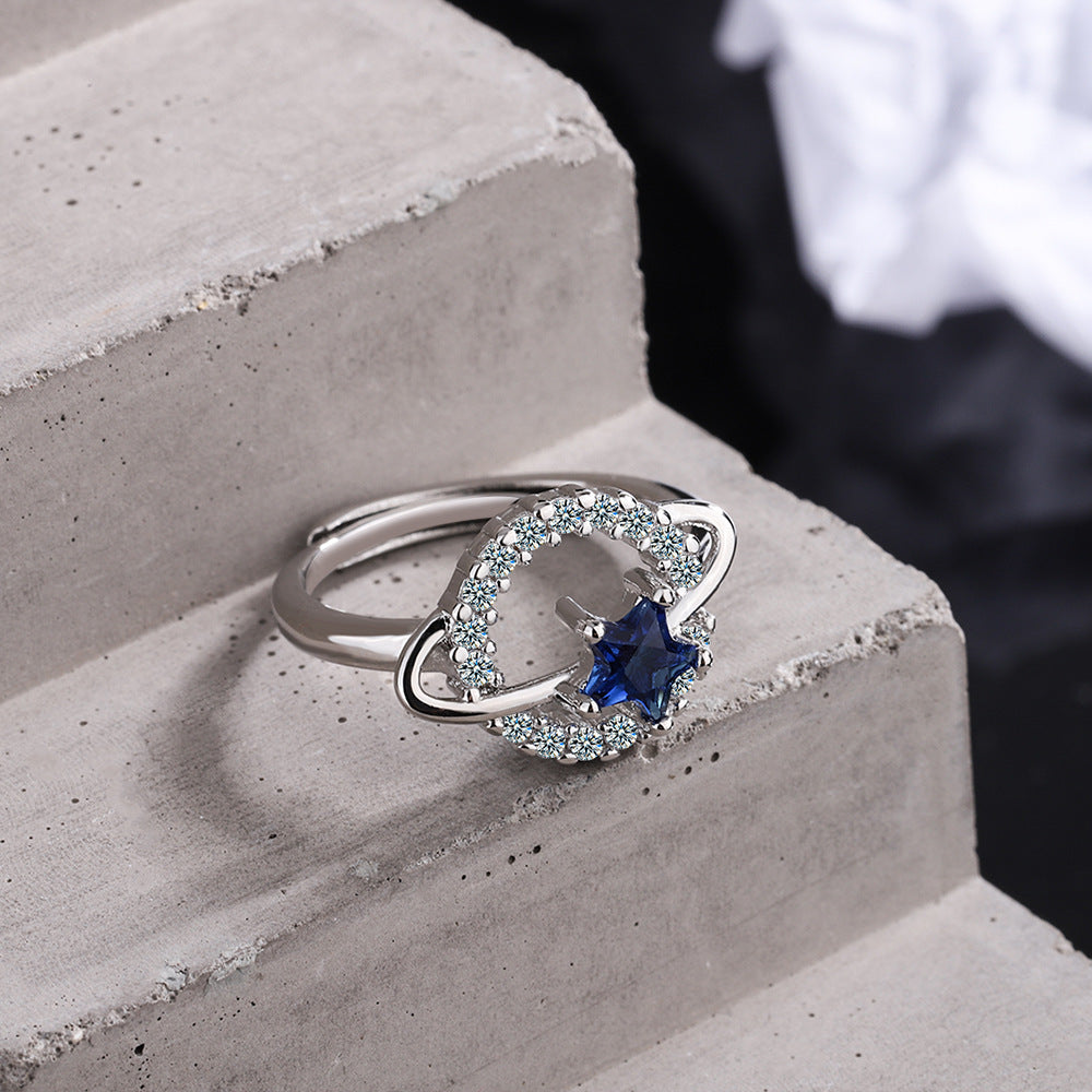Blue Diamond Single Row Pentagram Planet Ring
