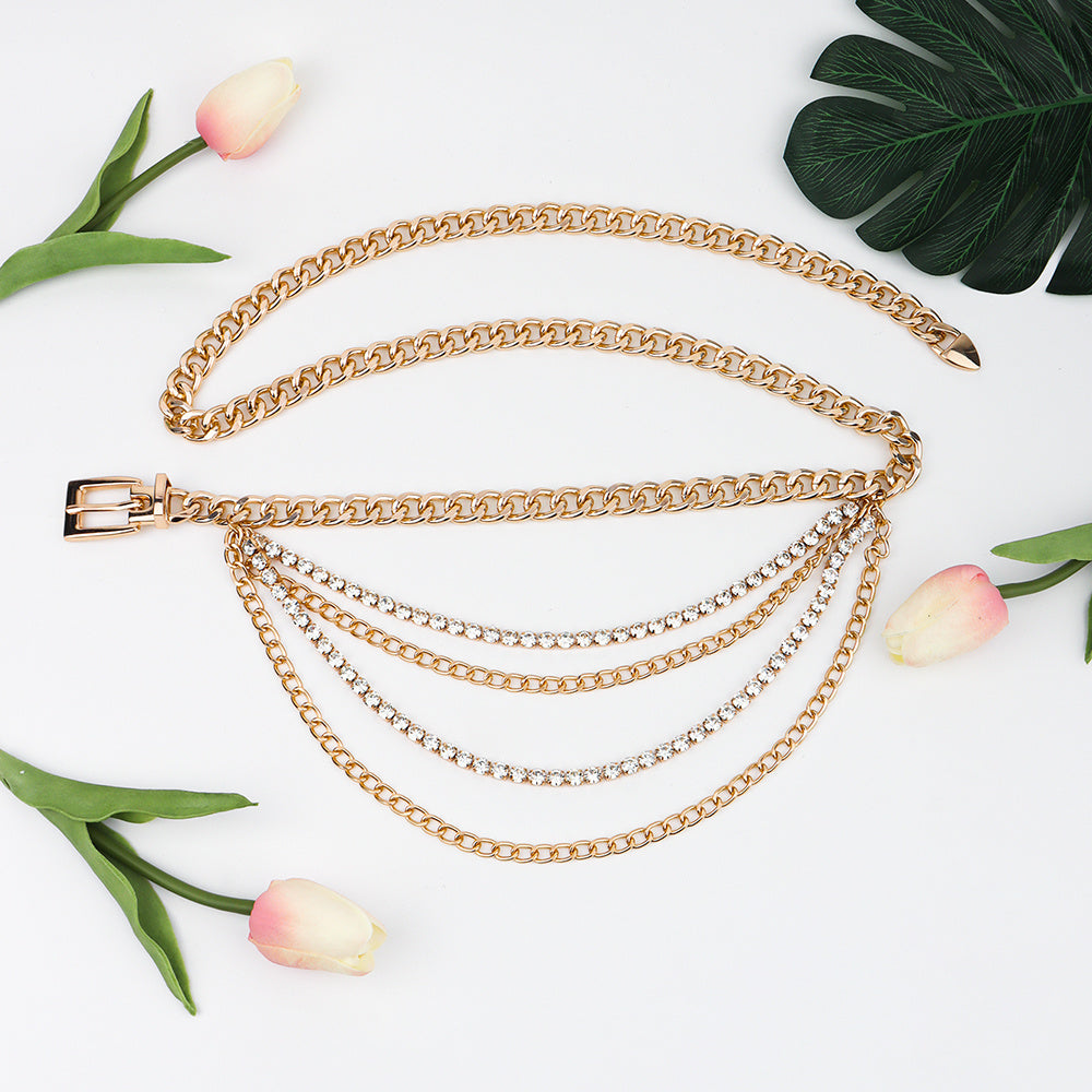 Chaîne de taille pour femmes, ceinture à boucle ardillon personnalisée, parure, robe, strass creux dorés, multi-couches, à nouer à la taille, assortie à tout.