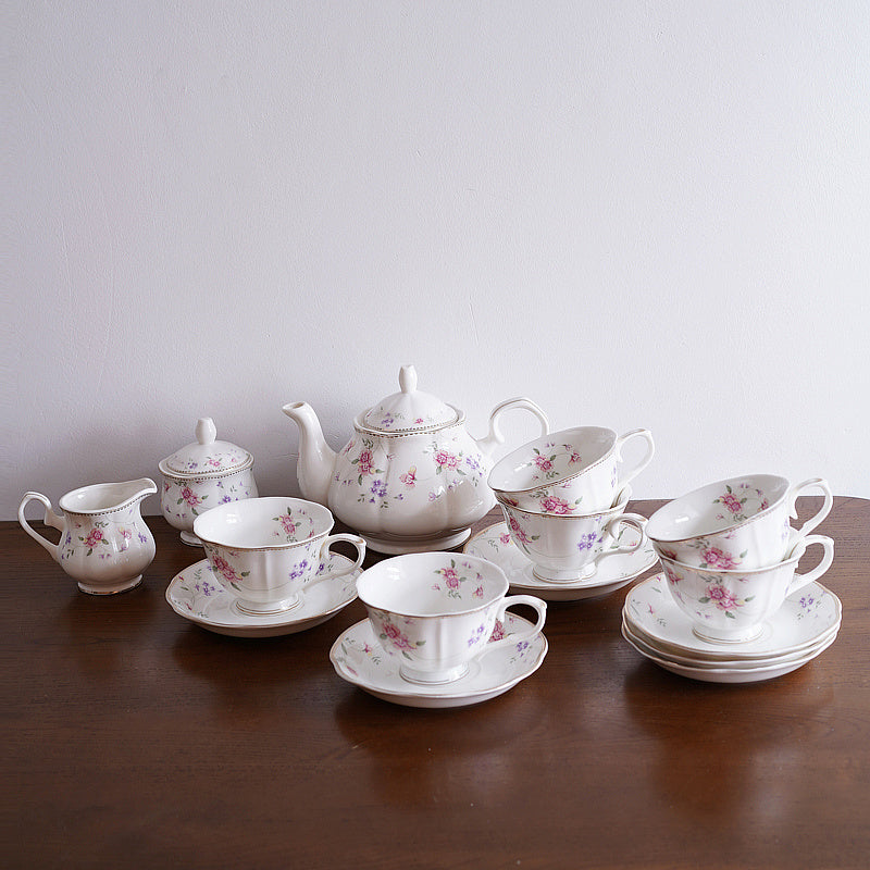 Service à thé/café en céramique avec motif floral et liseré doré