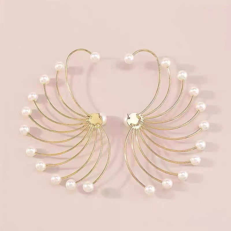 Boucles d'oreilles pendantes fantaisie éventail avec perles artificielles pour femme
