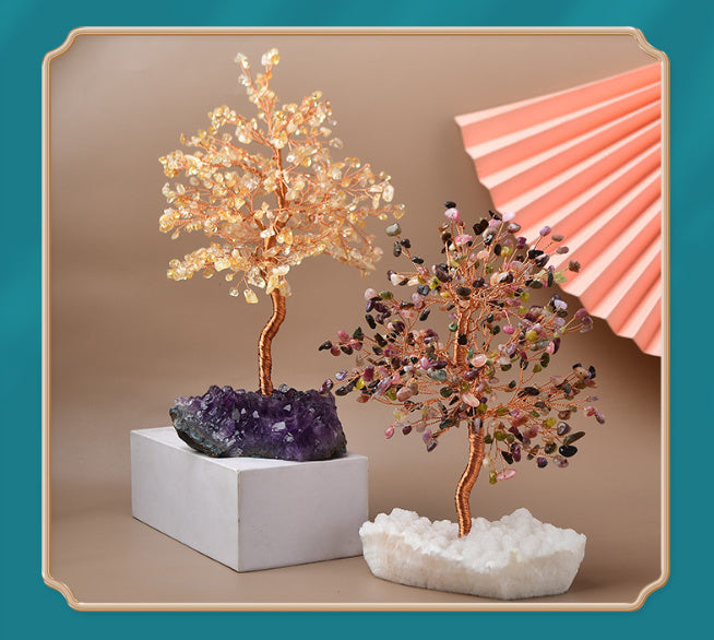 Natural Tourmaline Citrine Gravel Pachira Macrocarpa Desktop Wine Cabinet Hallway Decorations Crafts Crystal Cluster Ornaments