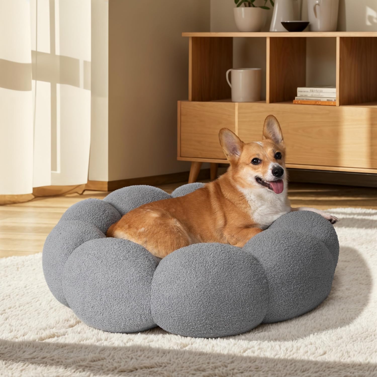 Calming Cat Beds For Indoor Cats Fluffy Flower Cat Dog Bed In Plush Teddy Sherpa Round Donut Cuddler Puppy Bed Non Slip Machine Washable Pet Bed