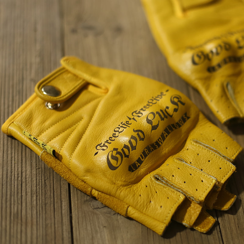 Gants de moto mi-doigts en cuir de vachette première couche jaune