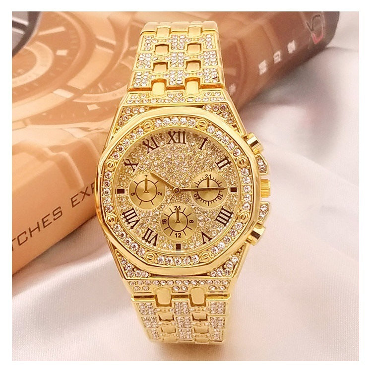 Montre en quartz gypsophile à trois yeux en diamant