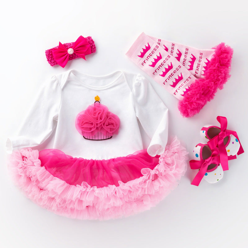 Newborn Cotton Rose Pink Birthday Romper Princess Dress Four Piece Suit