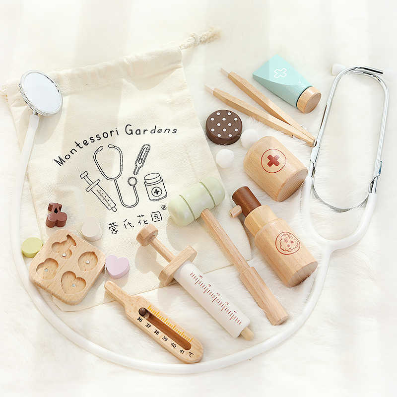 Ensemble de jeu en bois massif pour enfants : Maison de jeu, jouet de simulation de médecin, infirmière, stéthoscope