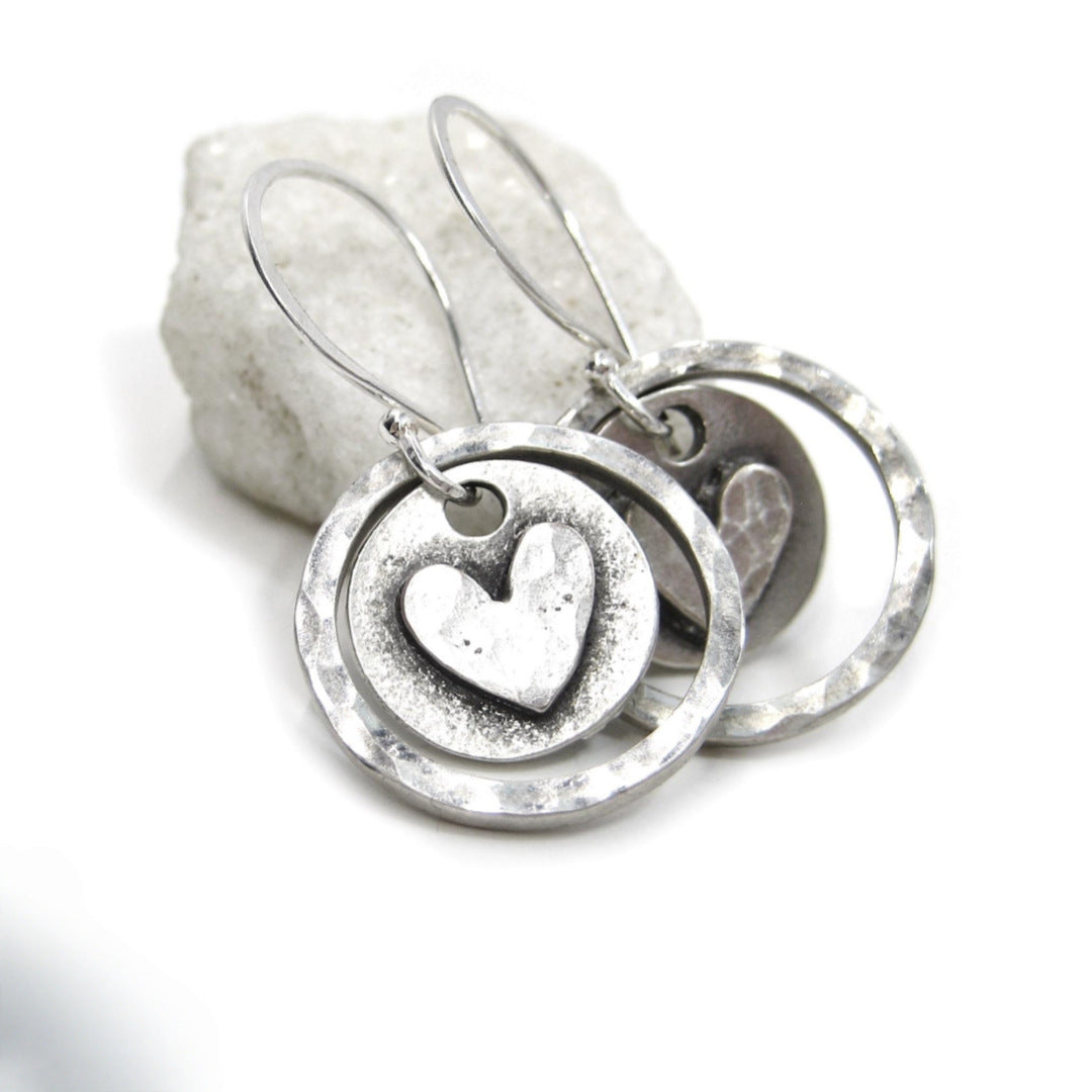 Retro Hammered-Texture Multi-Layer Round Hoop Heart Earrings