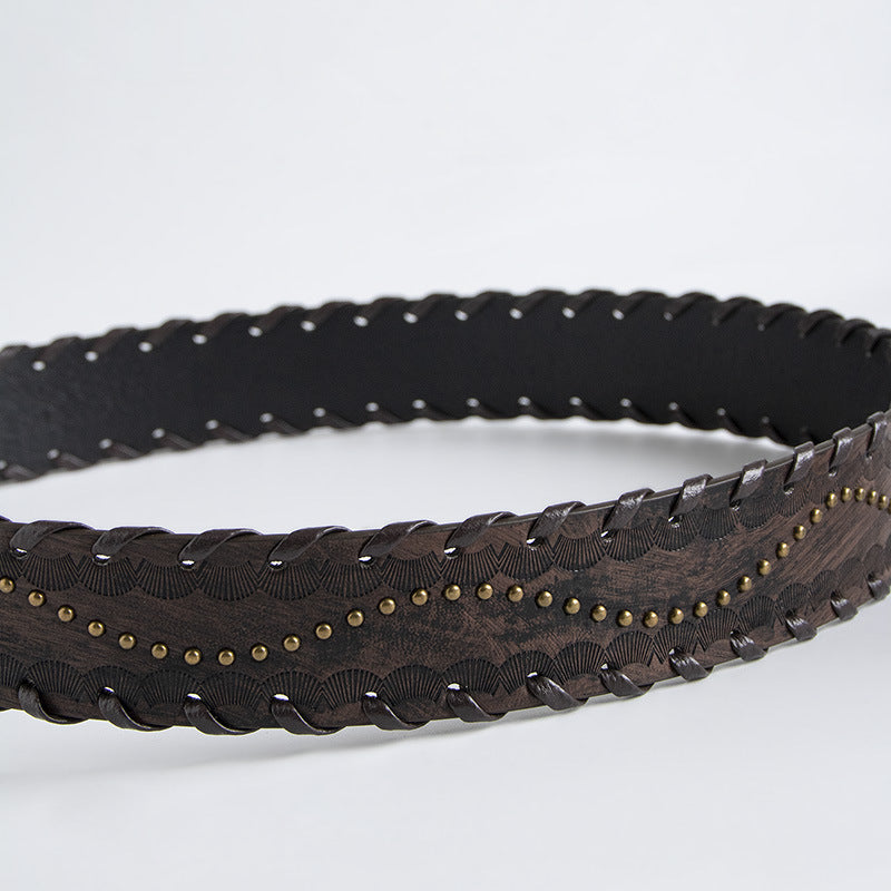 Ceinture marron gaufrée à rivets et surpiqûres vieillies pour femme