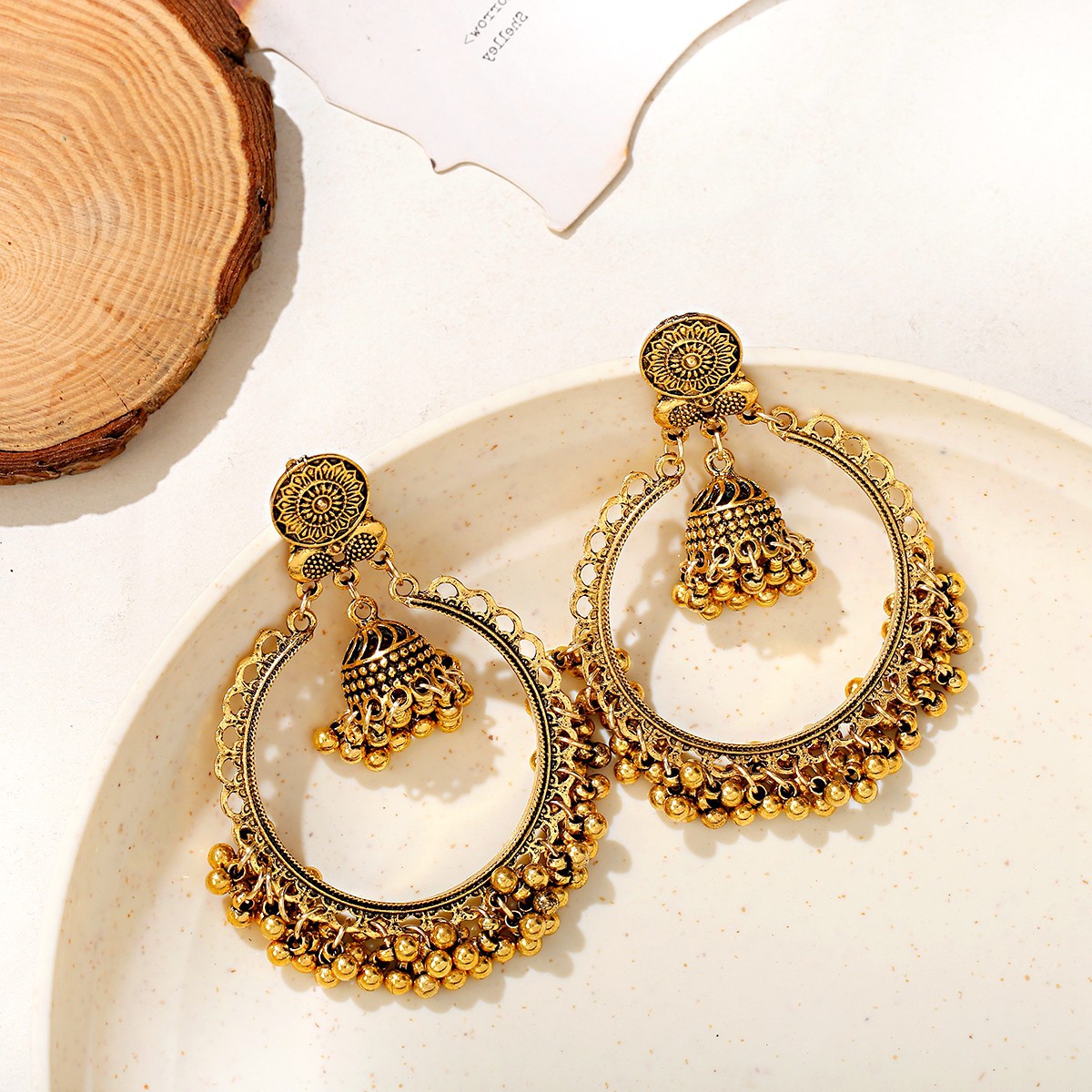 Fan-shaped Retro Ethnic Style Earrings Tassel Hollow