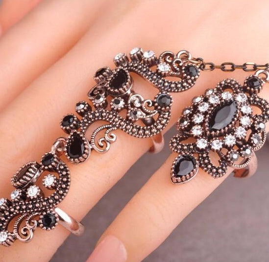 Promotion Turkish Double Finger Rings For Women Flower Ethnic Jewelry Multicolor Resin Vintage Pretty Exquisite Mid Ring Anillos