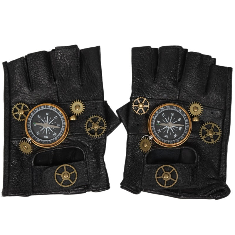 Gants Steampunk Européens Et Américains En Cuir Engrenage Demi-Doigt Boussole Rétro