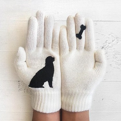 Women's Knitting Wool Gloves Autumn And Winter Finger Warm Thickened Puppy Bone Cute Printed Gloves