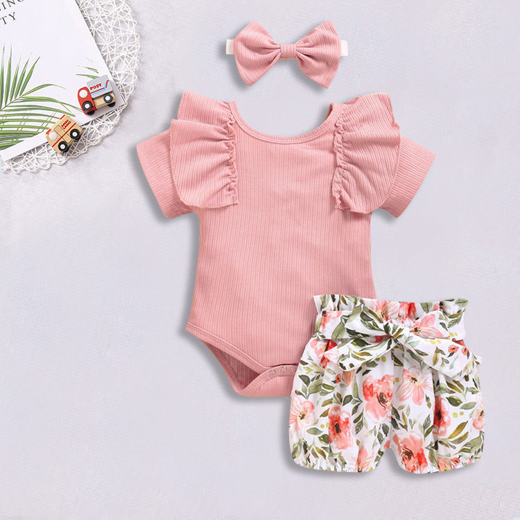 Pit striped top flower print shorts baby bodysuit