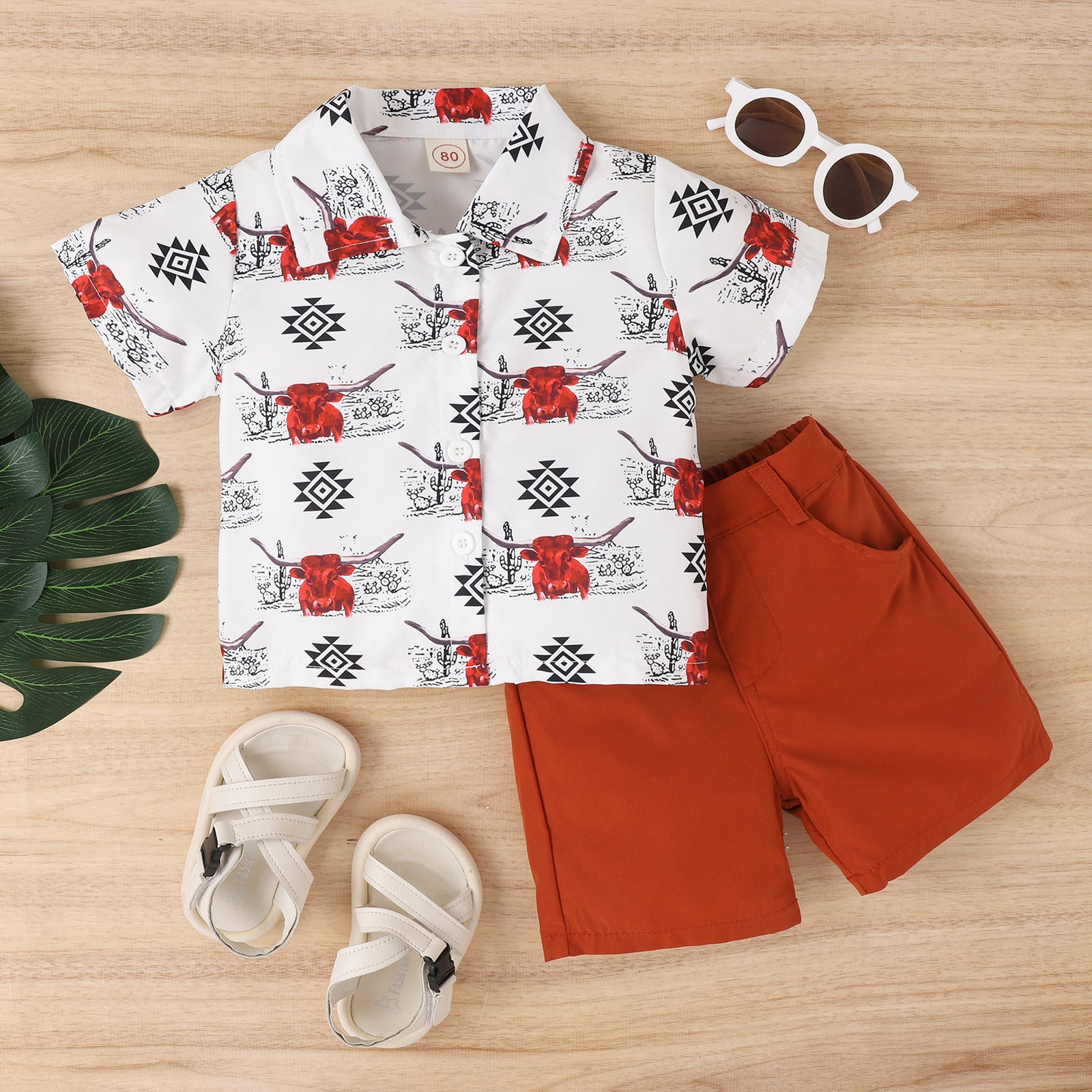 Children Animal Print Short-sleeved Shirt And Shorts Suit