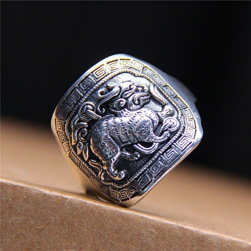Ethnic Retro Style Sterling Silver Lucky Pixiu Ring