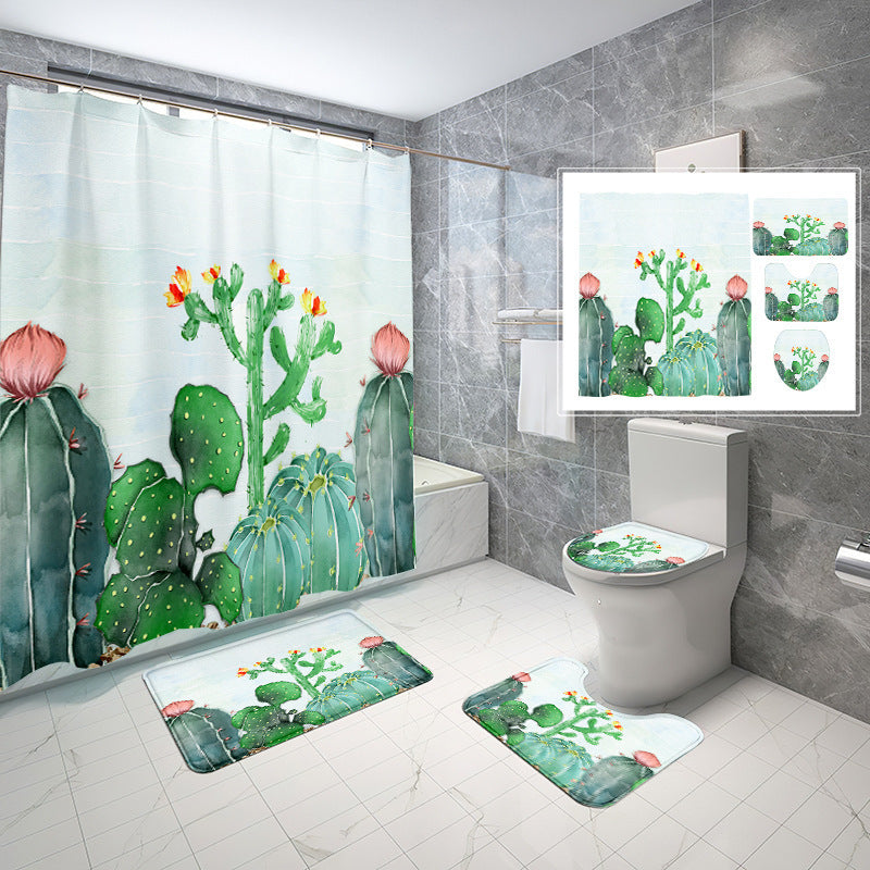 Natural Wind Leaves Printing Toilet Waterproof Shower Curtain Non-slip Floor Mat