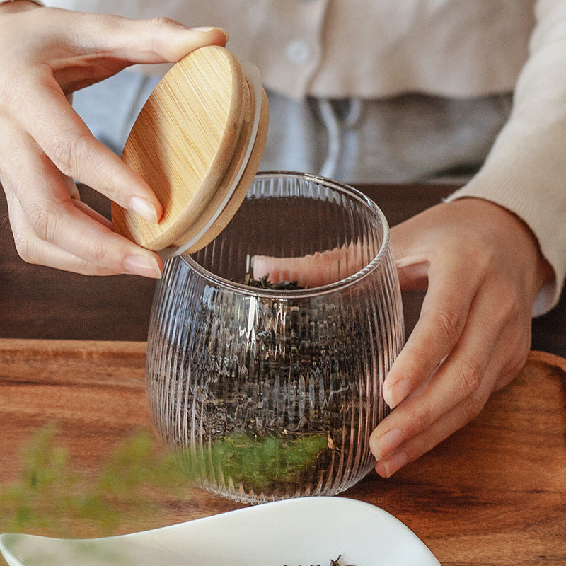Bocal en verre de rangement scellé avec couvercle en bambou granulaire vertical