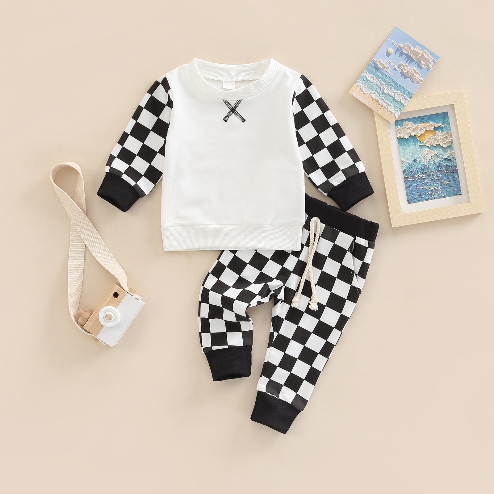 Children's Casual Sweater Suit Checkerboard Long Sleeved Trousers