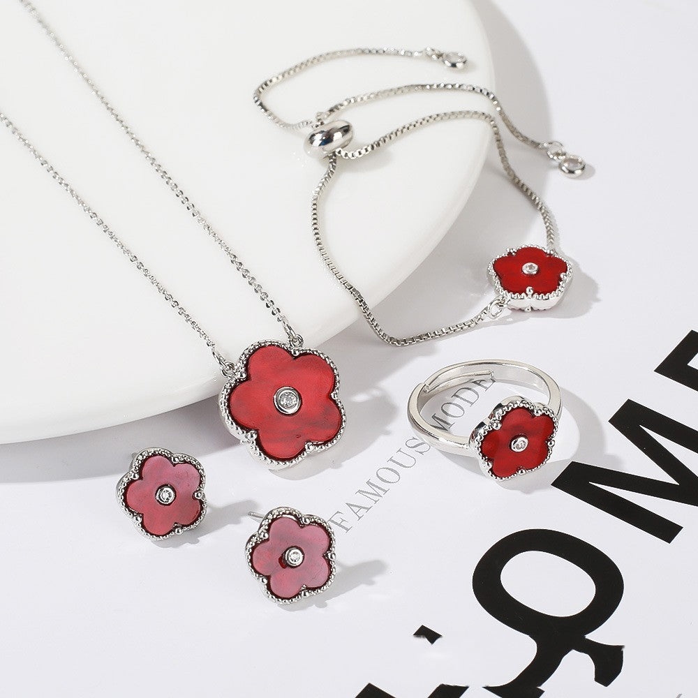 Gold Flower Bracelet Ring Earrings Bracelet Women's Suit