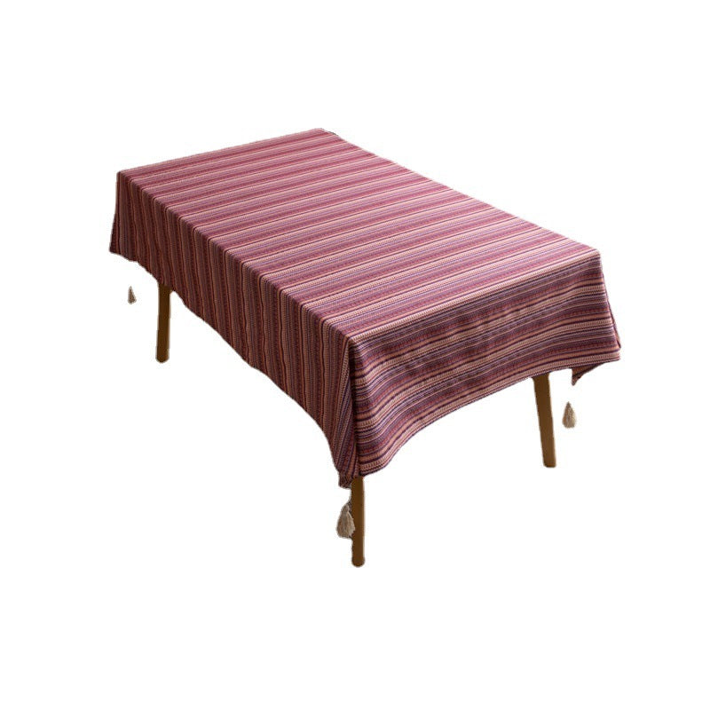 Bohemian Polyester And Cotton Color Woven Floral Striped Tablecloth