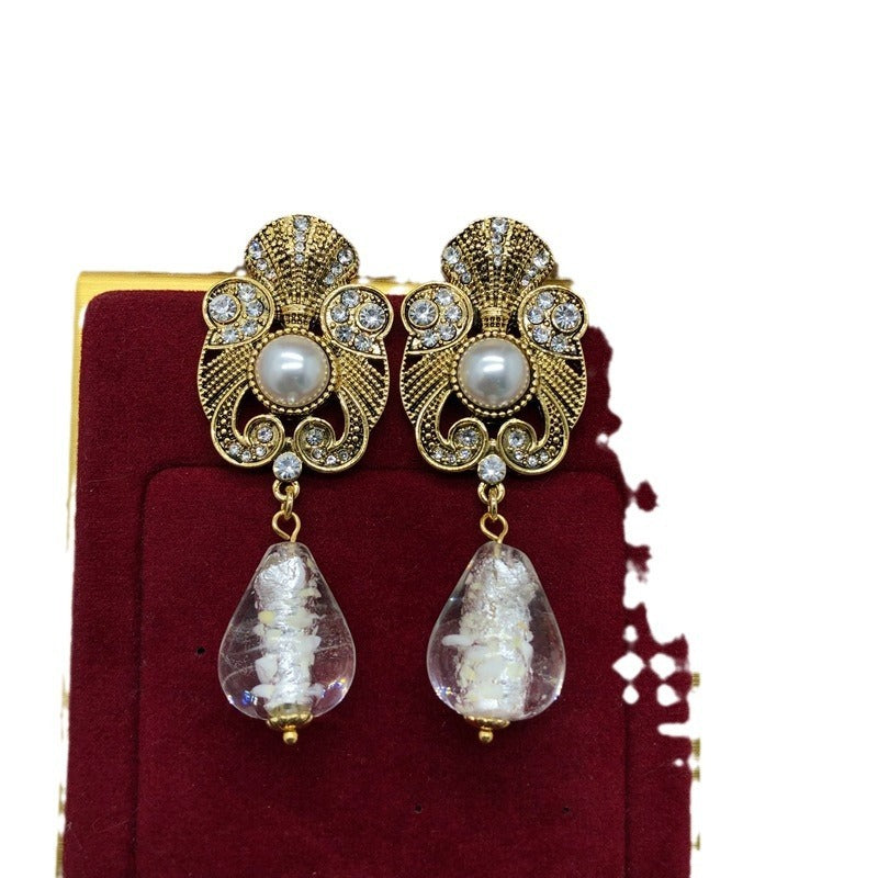 Boucles d'oreilles rétro au design vieilli, perles et strass