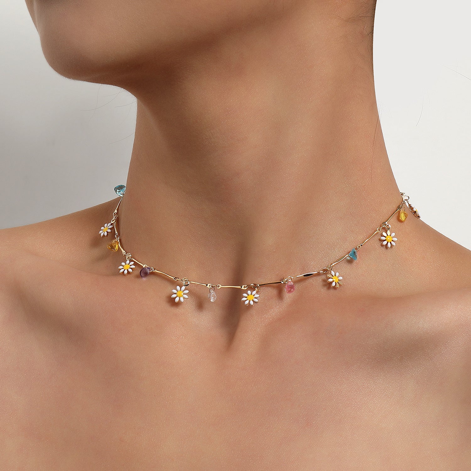 Colorful Gemstone Straight Tube Chain Necklace Women's Simple Temperament Painted Drip Glaze Flower Necklace