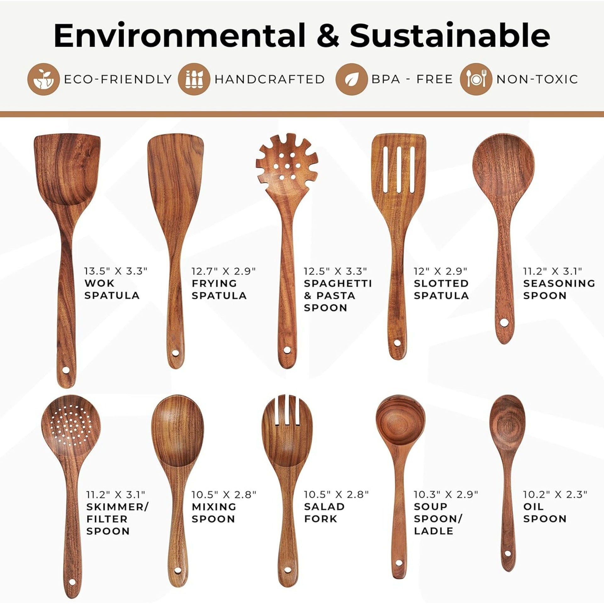Acacia Mangium Spatula 7-piece Kitchen Salad Mixing Pasta Spoon Slotted Turner