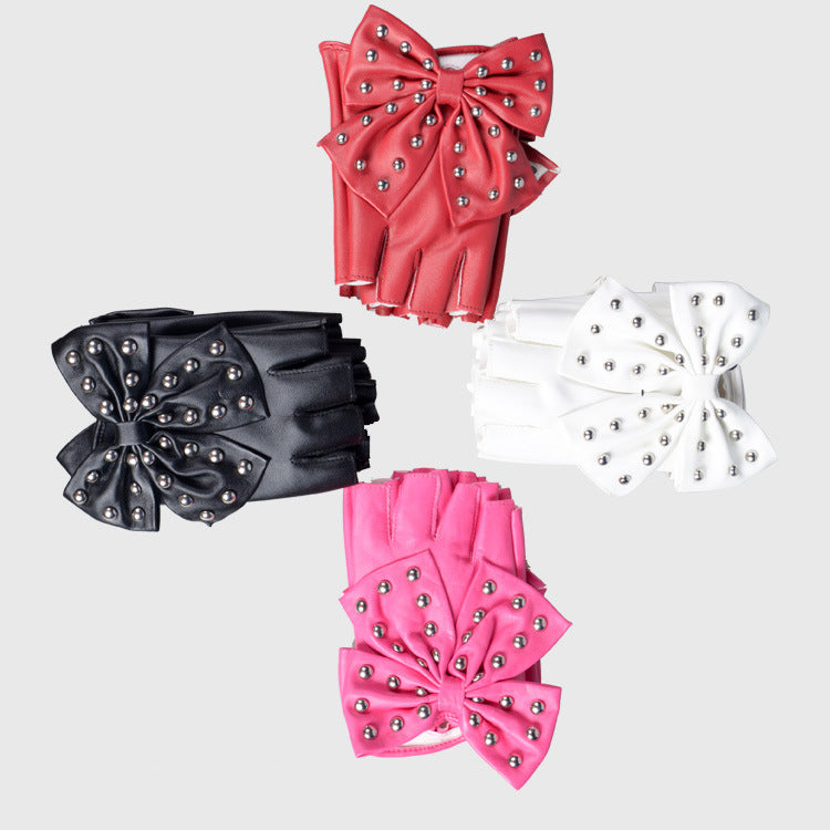 Lolita Gothic Rivet Bow Half Finger Pu Gloves