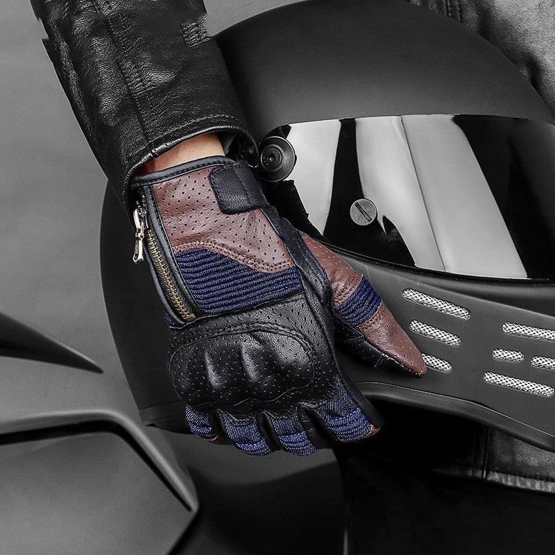 Men's Genuine Leather Sheepskin Vintage Perforated Motorcycle Gloves