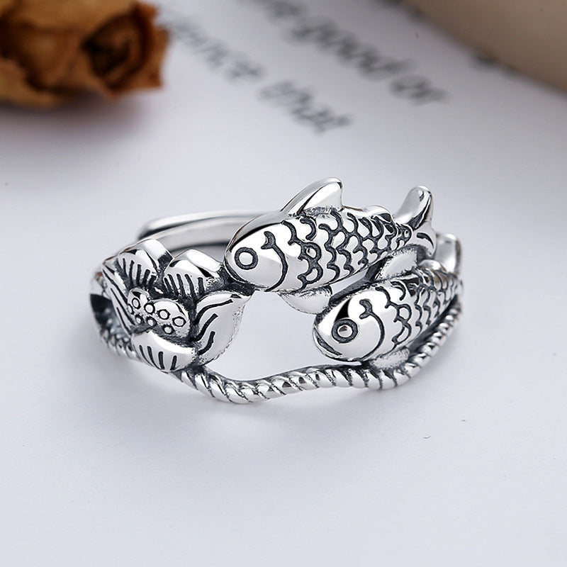 Ethnic Style Lucky Koi Lotus Hollow Personality Ring Female