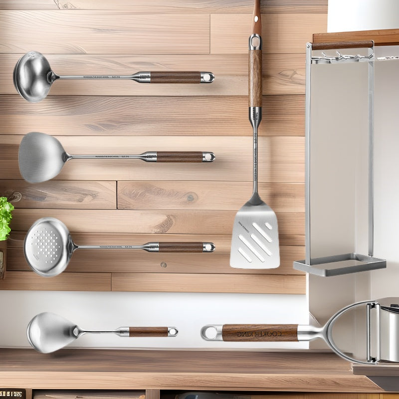 316 Stainless Steel Household Large Cooking Spoon Colander Rosewood Handle Set Rack