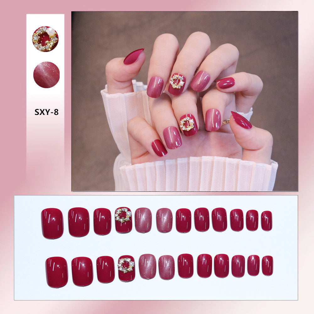 Patch d'art des ongles avec motif œil de chat rouge rosé, fini court