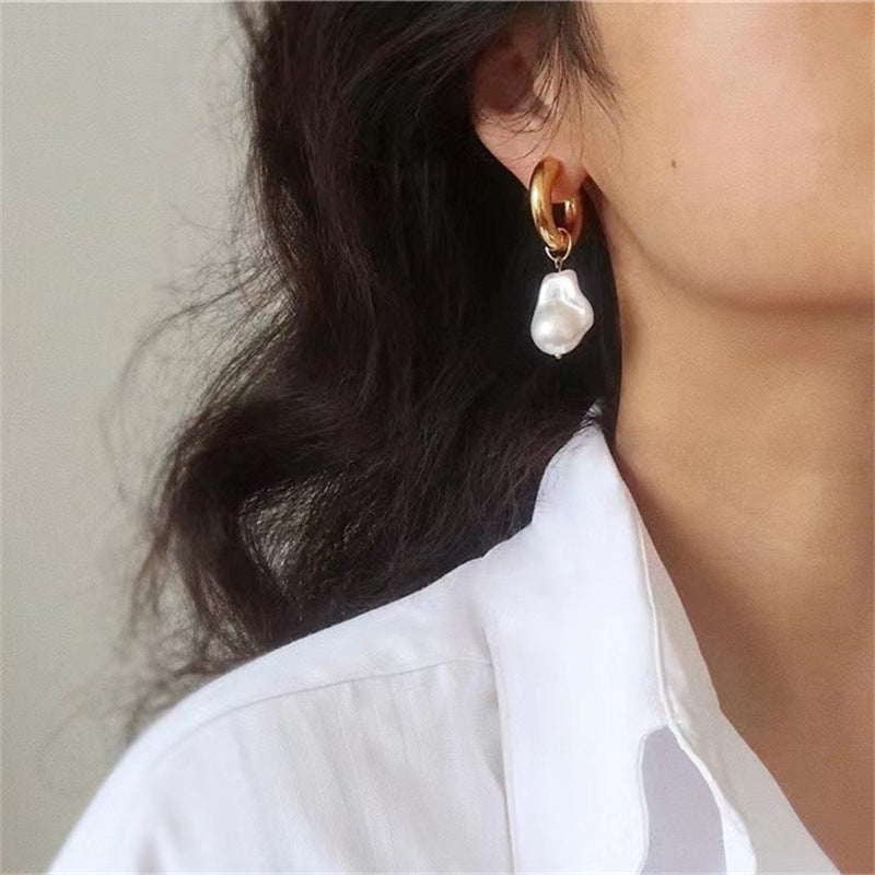 Baroque Pearl Earrings Women's Metal