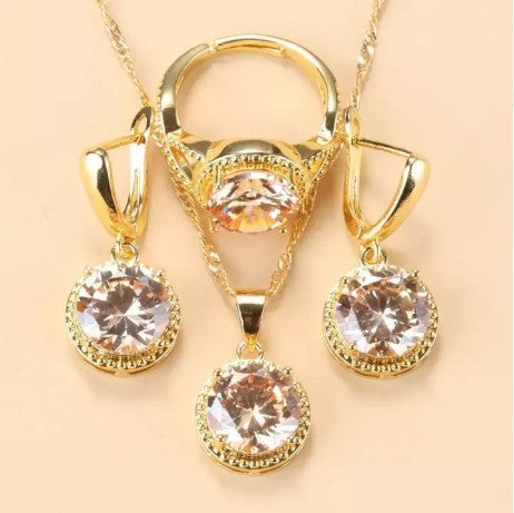 New Earrings Ring Necklace Three-piece Jewelry Set Round Zircon