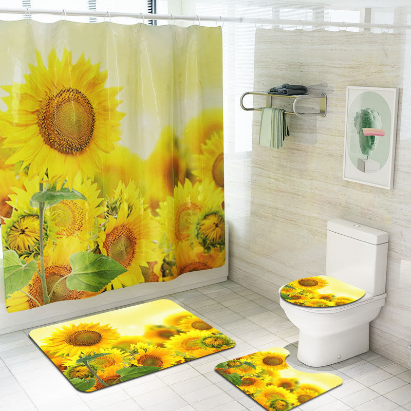 Sunflower Printed Shower Curtain Floor Mat Four-Piece Set
