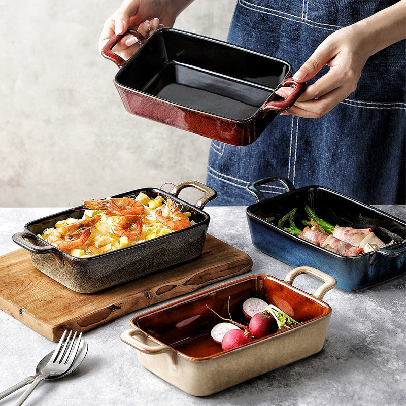 Bandeja de cerámica rectangular para horno microondas, recipiente para hornear binaural