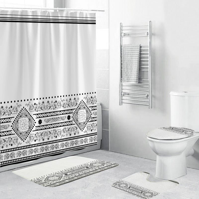 Black And White Pattern Waterproof Green Shower Curtain