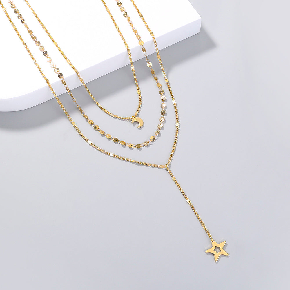 Copper Star, Moon, y-shaped multi-layer necklace