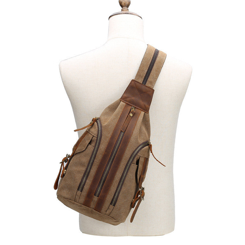 Sac de poitrine rétro pour homme en cuir crazy horse et toile, sac multifonctionnel à bandoulière unique, sac à dos européen et américain pour homme
