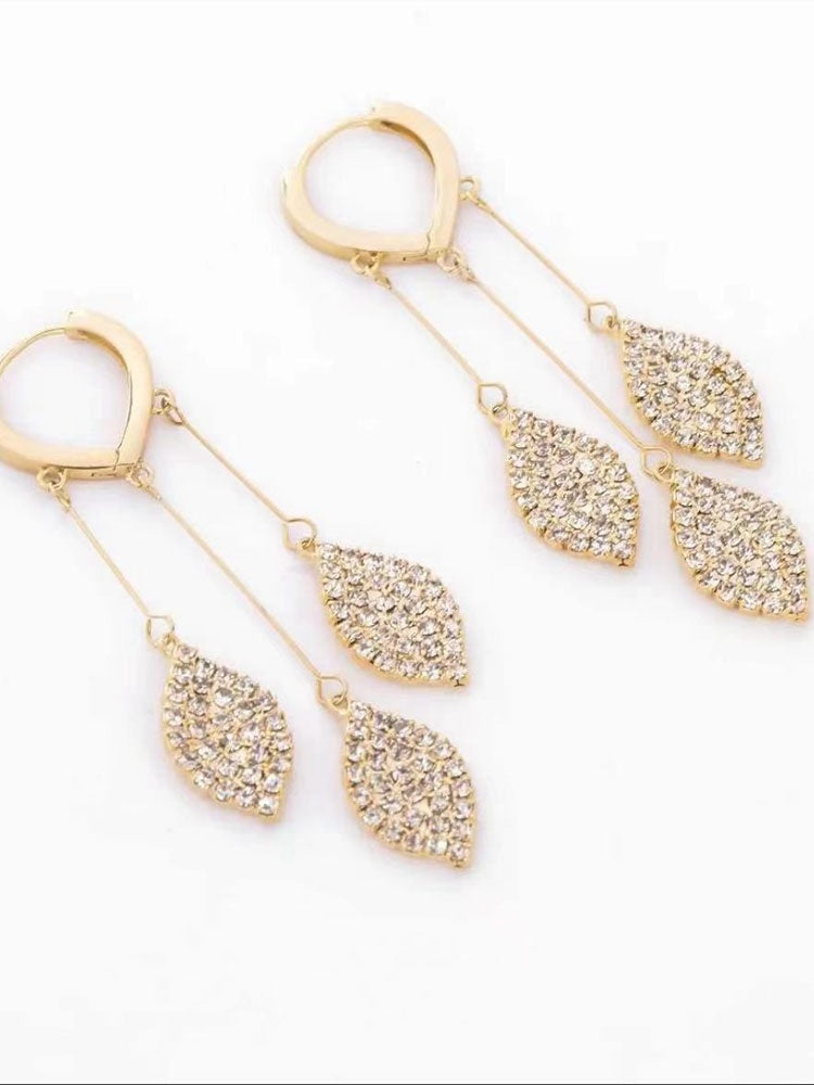 New Trendy Style Full Of Diamond Leaves Tassel Earrings Versatile For Women