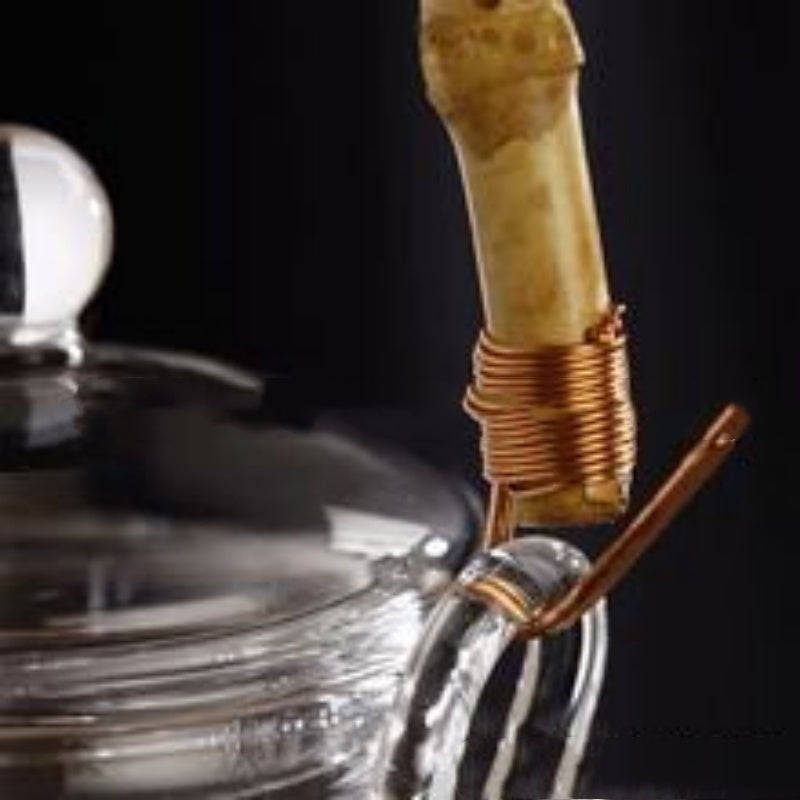 Pot à thé en verre avec poignée en bambou et infuseur, compatible flamme directe