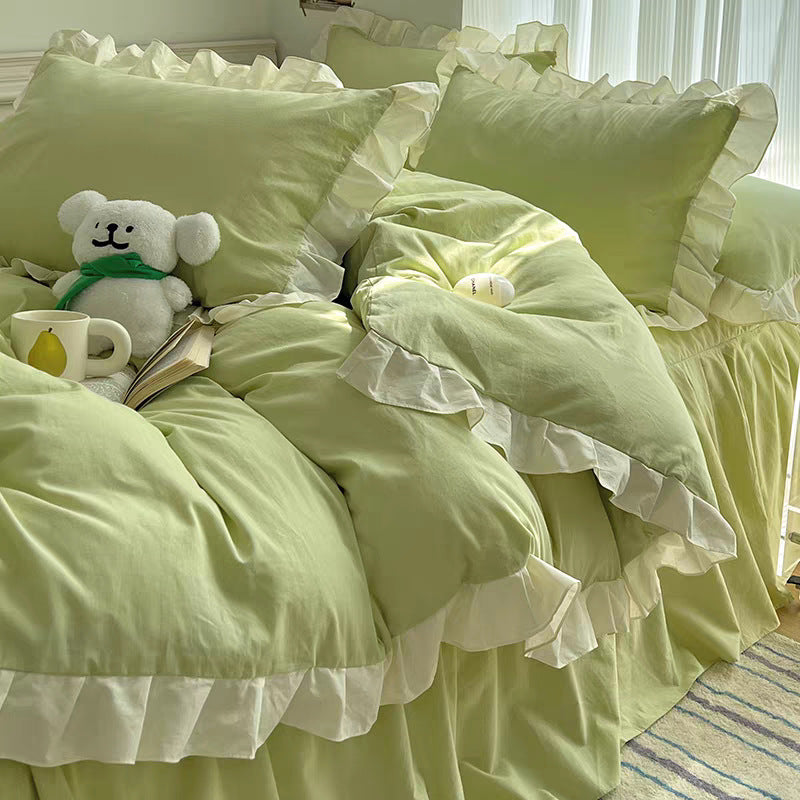 Quilt Cover Washed Cotton Four-piece Set Mori Style Bedding Solid Color Bed Sheet