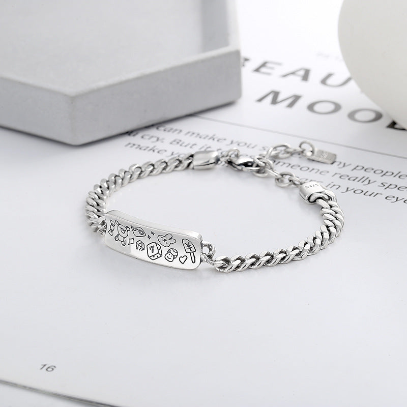 S925 Sterling Silver Graffiti Pattern Rabbit Bear Bracelet