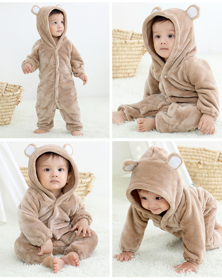 Flannel Romper Child Bear Jumpsuit Hooded Single-breasted Romper