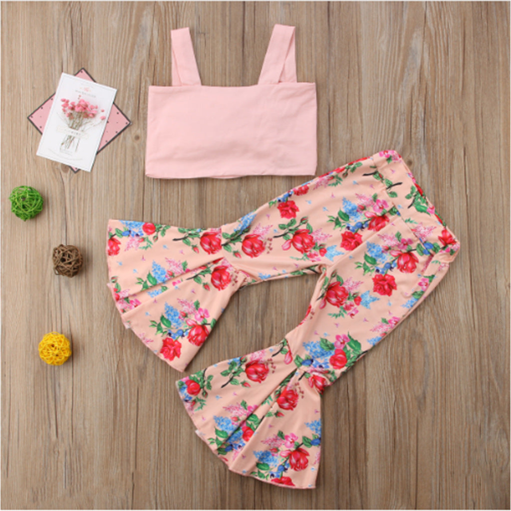 Girls' Cotton Top Printed Flared Trousers Two-Piece Set