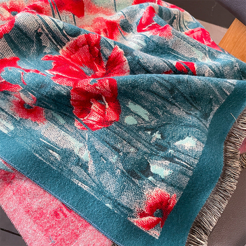 Foulard Femme Cachemire Artificiel Fleurs Peinture à l'Huile