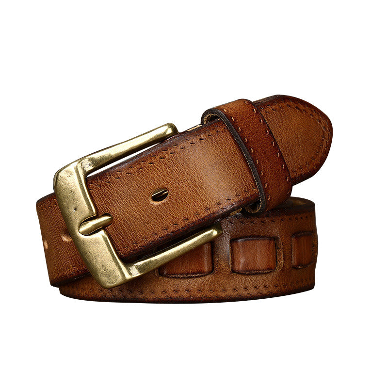 Retro Mens Belt In Genuine Leather With Brass Buckle