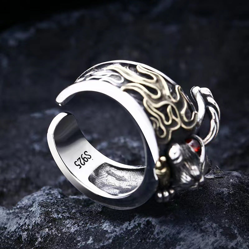 S925 Sterling Silver Punk Style Dark Rabbit Ring Male