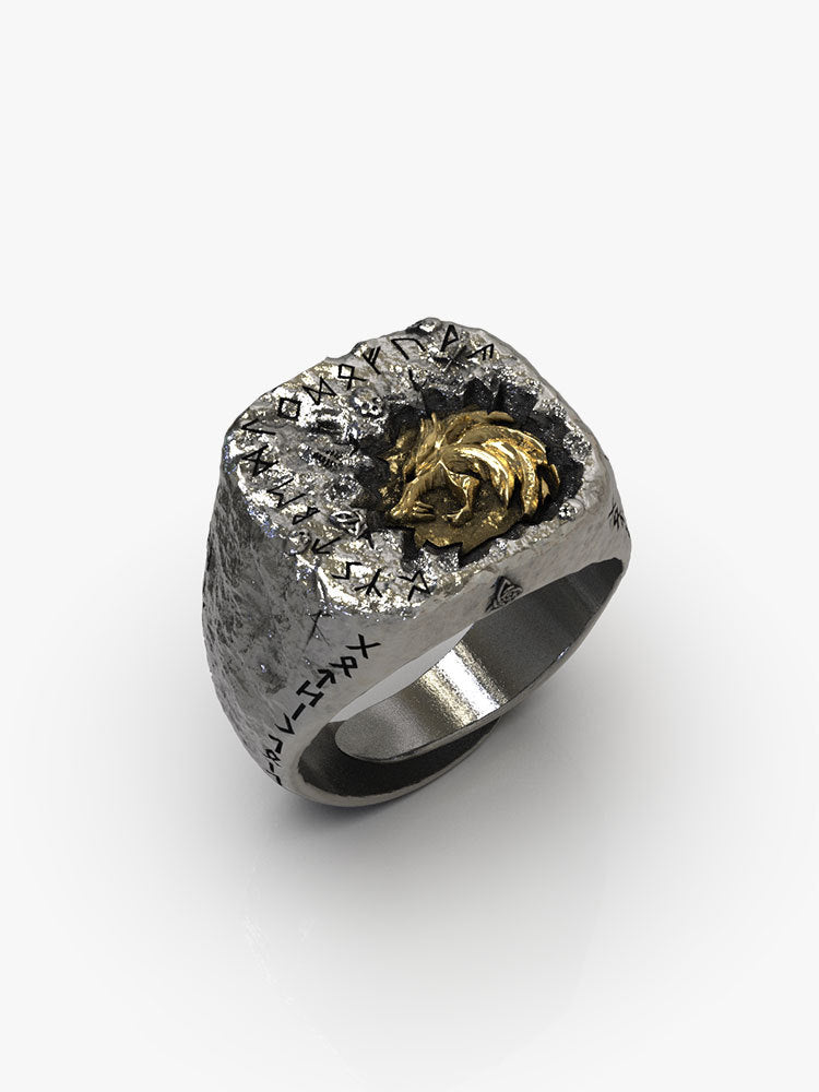 Bague en cuivre incrustée d'argent tête de loup Fenrille