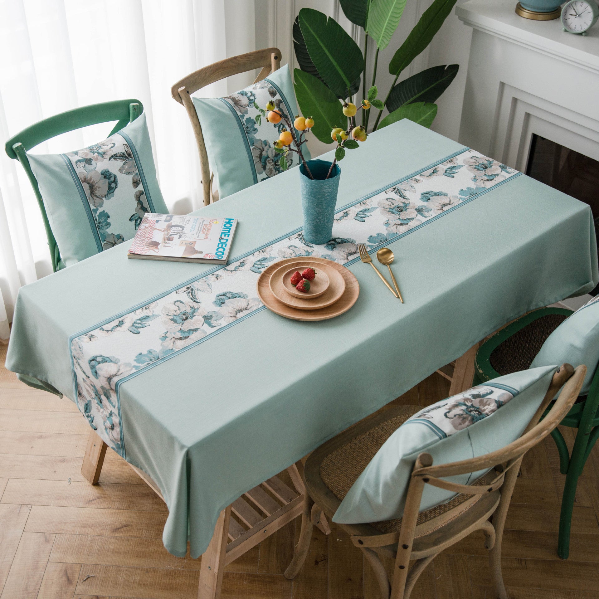 Rustic Blue Embroidered Cotton Faux Linen Tablecloth
